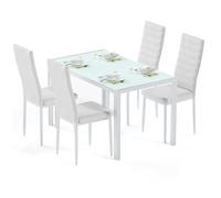 Bealife Table à Manger avec 4 Chaises, Table Rectangulaire en Verre Trempé et Chaises en Similicuir pour Salon, Chambre, Cuisine - Blanc