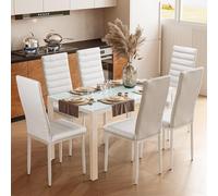Bealife Table à Manger avec 6 Chaises, Table Rectangulaire en Verre Trempé et Chaises en Similicuir pour Salon, Chambre, Cuisine - Blanc