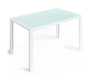 Bealife Table à Manger Blanche 120 x 70 x 75 cm - Plateau en Verre Trempé Résistant à la Chaleur et aux Rayures - Structure en Métal - pour Cuisine, Salle à Manger, Salon ou Coin Café