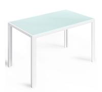 Bealife Table à Manger Blanche 130 x 70 x 75 cm - Plateau en Verre Trempé Résistant à la Chaleur et aux Rayures - Structure en Métal - pour Cuisine, Salle à Manger, Salon ou Coin Café