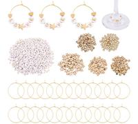 BEAMARKER 60 ensembles Cœur de verre à vin DIY Kit de charme Cœur de verre à cocktail à vin Etiquettes 1040 perles à lettre blanche 300 perles à étoile de cœur et couronne en or 60 badges pour identif