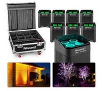 BeamZ BBP54 Lot de 8 projecteurs Uplight batterie et Flight Case avec fonction charge - 4 x LED 12 W, IP65, mode DMX, télécommande Noir