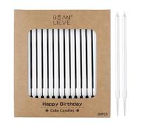 BEAN LIEVE Lot de 30 bougies d'anniversaire longues et fines en métal, bougies pour gâteaux, fêtes d'anniversaire, décorations de mariage, bougies de fête, décorations de gâteaux (Blanc nacré)