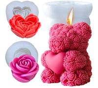 Bear-Shaped Candle Mold,Moule Silicone Ourson Bougie,3D Ours+Rose Faciles à Démouler,Motifs raffinés,pour la Bougies parfumées,DIY cadeaux de Noël,cadeaux de Saint-Valentin,Artisanat en Résine (S)
