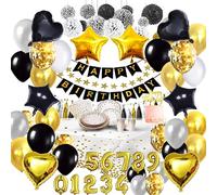 Bea's Party Vaiselle carton doree et blanc, assiette carton anniversaire blanc et or, assiette blanche et dorée, gobelet noir, rideau doré, chiffre or, kit deco anniversaire noir et dore