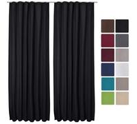 Beautissu Lot de 2 Rideaux thermiques Noir uni opaque à ruflette Amelie - 140x245 cm - Rideaux occultants isolant uni à anneaux
