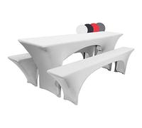 Beautissu Nappe pour Table de Brasserie - Stretch - Jardin - 220x70 cm + 2 Housses pour bancs - 220x25 cm - Blanc