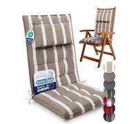 Beautissu Set de 3 Coussin Chaise Jardin Dossier Haut avec Sangles Fixation | 120x50cm beige blanc rayé 8cm épaisseur tissu robuste antidérapant résistance aux UV fauteuil premium appui-tête Sun-HL