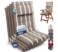 Beautissu Set de 4 Premium Coussin Chaise Jardin Dossier Haut avec Sangles | 120x50cm beige blanc 8cm épaisseur tissu robuste antidérapant résistance aux UV fauteuil Fixation appui-tête extérieur Sun-HL