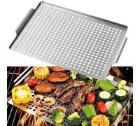 BEAZOOM Grille multifonction en acier inoxydable pour barbecue en plein air | Plaque de cuisson 36,5 x 29 cm avec poignées pour pétoncles et viande, facile à nettoyer, argent