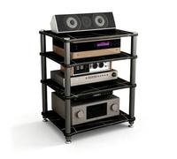 BEBANE 2/3/4 Niveaux Meuble média Audio Lourd/Meuble Rack Audio Ouvert | Meuble audio multimédia polyvalent, adapté aux équipements audio de divertissement, platines vinyles(Black-gold,4 Tier)