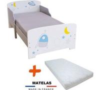 BEBEGAVROCHE Lit en bois Espace et aventure spatiale 140 cm + Matelas Bleu G