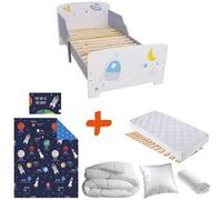 BEBEGAVROCHE Pack Lit Espace et planètes avec Matelas et Textile complet - couchage 140x70 cm Bleu G