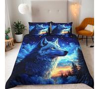 Bedding Housse de Couette 140x200 Microfibre 3D Ciel étoilé Forêt Animal Loup Lune Motif Confort Parure de Lit Set + 2 Taies d'oreiller 50x75 cm Literie Avec Fermeture éclair Sangles d'angle Fixes