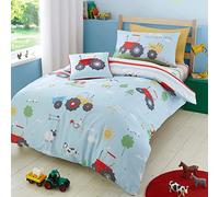 Bedlam - Housse de Couette Camion Fermier - 200 x 200 cm - 2 taies d'oreiller - Motifs réversibles - Housse de Couette Animaux de la Ferme et Tracteur de Construction - literie Bleue pour Enfants