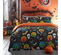 Bedlam - Housse de Couette Halloween Citrouilles & Crânes - Taille Lit Simple (140 x 200cm) - Réversible (2 Designs) - Housse Lumineuse - Squelettes & Chauves-Souris Noirs - Décoration Halloween