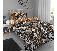Bedlam - Housse de Couette Halloween Jour des Morts - Taille Lit Simple (140 x 200cm) - Réversible 2 Couleurs - Housse Lumineuse - Squelettes, Fantômes, Chauves-Souris & Crânes - Linge de Lit