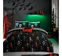 Bedlam - Housse de Couette Halloween Squelette - Taille Lit Simple (140 x 200cm) - Réversible Designs - Housse de Couette Lumineuse - Squelettes Dansants & Crânes - Linge de Lit & Décoration Halloween