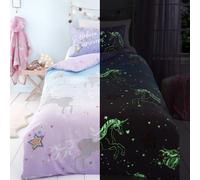 Bedlam Housse de couette licorne phosphorescente - Lit double 200 x 200 cm - Réversible 2 motifs - Parure de lit rose magique et lilas pour fille - 2 taies d'oreiller - Motif étoile et licorne