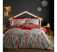 Bedlam - Housse de Couette Maison en Pain d'épice de Noël - Lit Double (200 x 200 cm) - Réversible (2 Couleurs) - 2 taies d'oreiller - Housse de Couette Bonhomme en Pain d'épices - Literie de Noël -