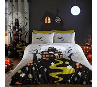 Bedlam - Housse de Couette Maison Hantée Halloween - Taille Lit Simple (140 x 200cm) - Housse Lumineuse - Manoir Hanté - Décoration Halloween - Rideaux Assortis Disponibles, Gris