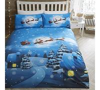 Bedlam - Housse de Couette Père Noël Traîneau - Lit Double (200 x 200 cm) - Literie Phosphorescente - 2 Taies d'Oreiller - Sapin et Neige - Décorations de Noël