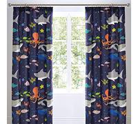 Bedlam - Rideaux Animaux Marins - Deux Panneaux de 168 x 183 cm (l x L) - Literie Motif Requins, Poissons et Baleines pour Enfants - Rideaux plissés Bleu foncé pour garçons - Accessoires de Chambre à