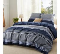 Bedsure Housse de Couette 200x200 cm - Parure Réversible en Polyester Oeko-TEX - Set de Literie 3 Pièces Housse de Couette 200x200 + 2 Taies d'oreiller 65x65 cm avec Fermeture Éclair, Rayures Bleu