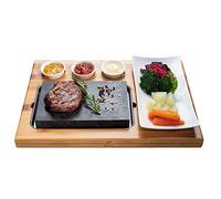 BEEFSTONE Lavastone Steak Board Hot Stone Steak Grill Set de planche en bambou Lavastone et assiette en porcelaine avec bol à sauce, sans huile