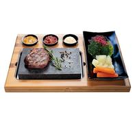 BEEFSTONE Planche à Steak en Pierre de Lave - Bambou et Porcelaine - Pour Griller Viande et Poisson sur Pierre Chaude (Noir Uno)
