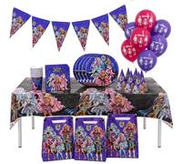 BeenSmile Decoration Anniversaire Monster High, Kit Anniversaire Enfant 62 Pièces avec Assiettes, Gobelets, Serviettes, Ballons, Nappe, Sacs Cadeaux, Chapeaux et Guirlande