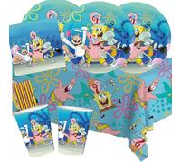 BeenSmile Kit de fête Bob l'éponge 37 pièces avec assiettes en carton, gobelets en carton, serviettes, nappe + 8 pailles en papier pour anniversaire d'enfant