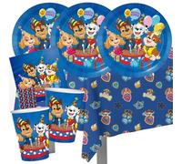 BeenSmile Kit de fête Paw Patrol 37 pièces avec assiettes en carton, gobelets en carton, serviettes, nappe + 8 pailles en papier pour anniversaire d'enfant