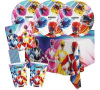 BeenSmile Kit de fête Power Rangers 37 pièces avec assiettes en carton, gobelets en carton, serviettes, nappe + 8 pailles en papier pour anniversaire d'enfant