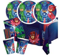 BeenSmile Kit de fête Pyjamasques 37 pièces avec assiettes en carton, gobelets en carton, serviettes, nappe + 8 pailles en papier pour anniversaire d'enfant