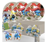 BeenSmile Kit de fête Schtroumpf, 37 pièces, assiettes en carton, gobelets en carton, serviettes, nappe + 8 pailles en papier pour anniversaire d'enfant