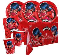 BeenSmile Miraculous Ladybug Kit de fête 37 pièces avec assiettes en carton, gobelets en carton, serviettes, nappe + 8 pailles en papier pour anniversaire d'enfant