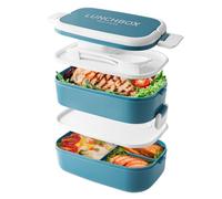 Beeptrum Boîte à lunch Bento empilable,Récipients de 1400ml avec 4 compartiments et couverts, boîtes étanches à 2 couches, pour adultes, enfants, bureau, micro-ondes, lavable au lave-vaisselle (Bleu)