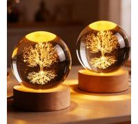 Behogan Lot de 2 boules de cristal décoratives : cristal blanc de 6 cm avec socle en bois, décoration de boule de verre, gravure intérieure laser 3D, boule de cristal arbre de vie, presse-papier