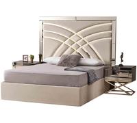 Beige Chambre à coucher Meubles Lit textile Luxe Bois 2x Tables de nuit 3pcs