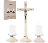 Beiges Weihnachtslieder-Set aus Holz mit Kreuz und Kerzenständern in einer Box 22 cm