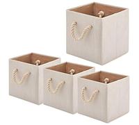 BeigeSwan Lot de 4 bacs de rangement pliables en tissu de bambou avec poignées en corde de coton, panier de rangement pliable - 10,5 x 10,5 x 11 pouces (Beige)