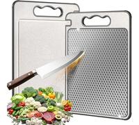 BEJAGWUS Planche à découper en titane S304 avec bac de récupération et aiguiseur de couteaux - Planche à découper double face en acier inoxydable - Pour viande, légumes, fruits et pain (36,5 x 25 cm)