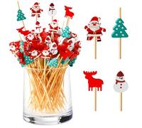 Bekeify 200 Pics à Brochettes Cocktails avec Quatre Modèles de Noël, 12cm Bâtonnets Cocktail, Cure-Dents en Pique Aperitif Bois, pour Fingerfood, Snacks, Boissons, Déco Cocktail, Noël