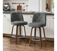 Bekrvio Lot de 2 Tabourets de Bar Pivotants 65 cm, Dossier à Boutons, Gris | Assise 10 cm, mousse haute résilience, pieds de chaise en noyer, idéale pour îlot central, bar ou coin repas
