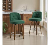 Bekrvio Lot de 2 Tabourets de Bar Pivotants 65 cm, Dossier à Boutons, Vert | Assise 10 cm, mousse haute résilience, pieds de chaise en noyer, idéale pour îlot central, bar ou coin repas
