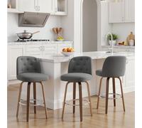Bekrvio Lot de 3 Tabourets de Bar Pivotants 65 cm, Dossier à Boutons, Gris | Assise 10 cm, mousse haute résilience, pieds de chaise en noyer, idéale pour îlot central, bar ou coin repas
