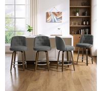 Bekrvio Lot de 4 Tabourets de Bar Pivotants 65 cm, Dossier à Boutons, Gris | Assise 10 cm, mousse haute résilience, pieds de chaise en noyer, idéale pour îlot central, bar ou coin repas