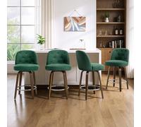Bekrvio Lot de 4 Tabourets de Bar Pivotants 65 cm, Dossier à Boutons, Vert | Assise 10 cm, mousse haute résilience, pieds de chaise en noyer, idéale pour îlot central, bar ou coin repas