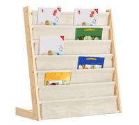 Belfoyer Bibliothèque Enfant en Bois Massif et Tissu Coton-Lin, Rangement Livres inclinable pour Chambre d’Enfant ou Salon, Design Nordique sans Angle Vif, 75x30x76cm, Couleur Naturelle